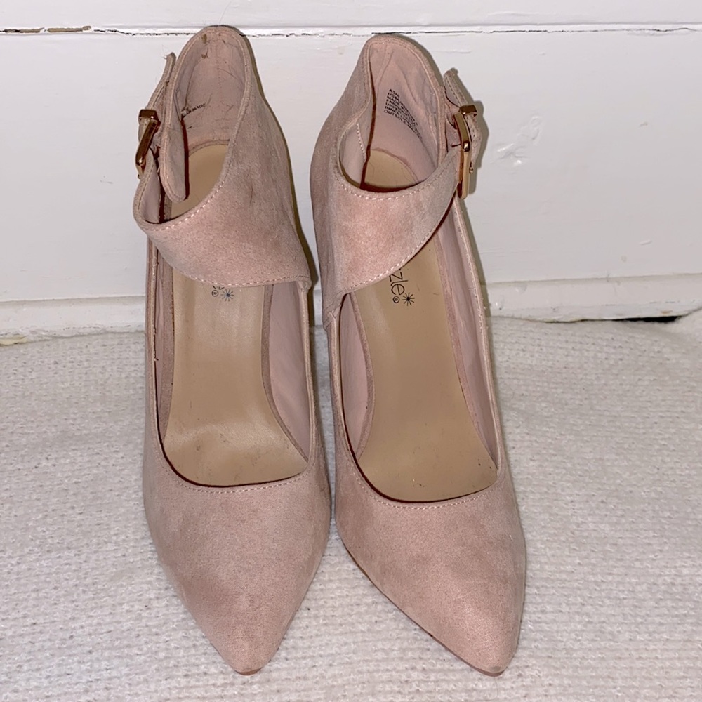 Pink Ultra Suede heel with ankle strap
